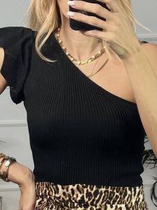 Knitted Ruffles Top One Shoulder/Black