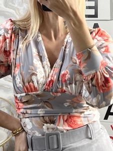 Elastic Bodysuit GLOW-Roses/Grey