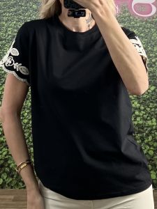 Flower Sleeves Cotton T-Shirt/Black