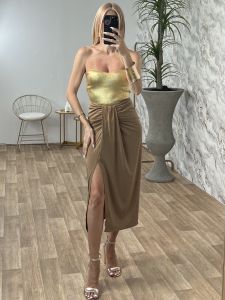 Elastic Midi Skirt-Mono/Beige