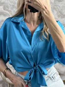 Crop Tied Satin Shirt/Petrol