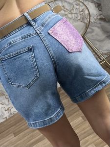 Strassed Pocket SuedeBelt Denim Shorts-7627/Blue