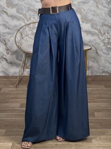 Super Wide Leg Belt Pants-13668/Dark Blue