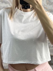 Cropped Strassed T-Shirt-40690/White