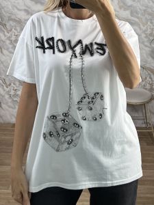 NEW YORK Strassed Cotton T-Shirt-5177/White&Black