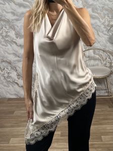 Draped Satin Asymmetrical Lace Top-7900/Beige