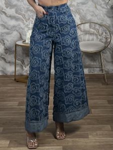 Embroidered Super WideLeg Pants-7262/Light Blue