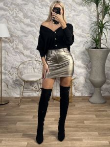 Elastic Leather Mini Skirt-241/Gold