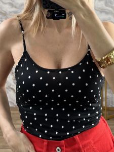 Elastic Thin Straps Top-5236/Black Polka Dot