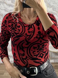 C-Through Velvet Prints Top-1024/Red