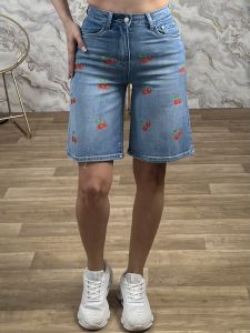 Cherries Denim Long Shorts-6527/Blue