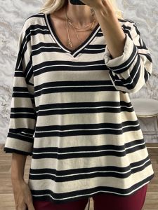 Striped Ve Cotton Top-25422/Black&Beige