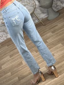 Z-RibbonPockets Straight Denim Pants-5098/Light Blue