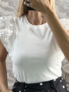 LacedSleeves Strassed Cotton Top-516/White