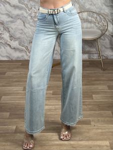 Z-Wideleg Ecru Belt Denim Pants-288/Light Blue