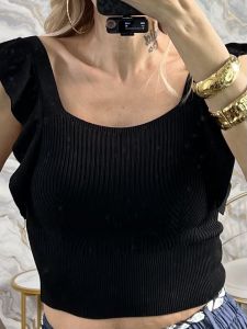 Knitted Ruffled Sleeveless Top-4008/Black