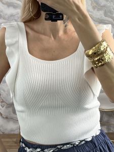 Knitted Ruffled Sleeveless Top-4008/White