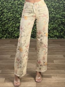 Floral Elastic Wide Denim-327/Βeige