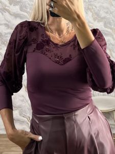 Embroidered Velvet Bodysuit-49647/Burgundy