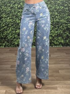 Elastic Floral Wide Denim/Light Blue
