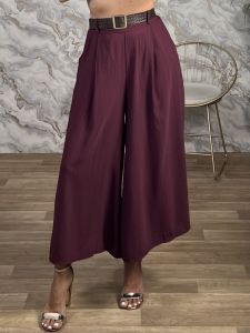 Viscose Highwaist Belt Pants-26285/Burgundy