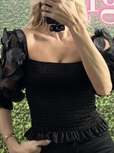 C-Through Sleeves Smocked Top/Black