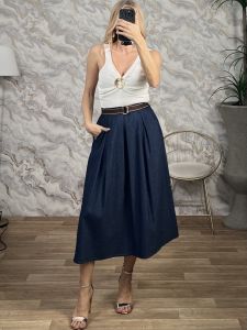 Soft Denim Belt Midi Skirt-97651/Blue