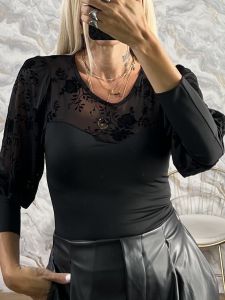 Embroidered Velvet Bodysuit-49647/Black