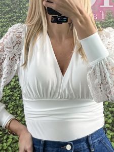 Elastic Bodysuit Lace Sleeves/White