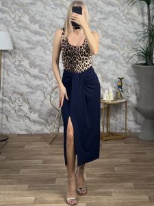 Elastic Midi Skirt-Mono/Navy Blue