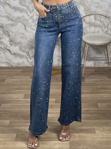  Highwaist Strassed Denim Pants-7811/Blue