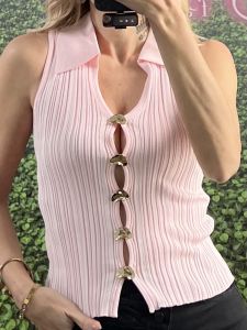 Knitted Gold Hearts Button Top/Pink