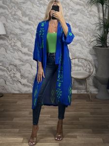 Geometric Pattern Long Kimono/Blue&Green