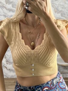 Embroidered Knitted Top-1583/Beige
