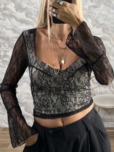 Lace Cabana C-Through Sleeves Top/Black