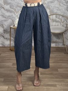 Striped Belt Cotton Wide Pants/Navy Blue
