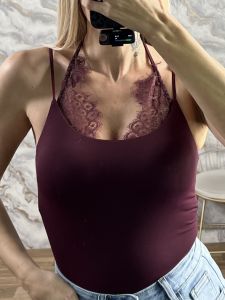 Lace Details Bodysuit-14712/Βurgundy