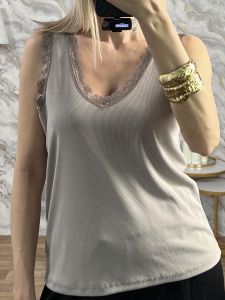 Sleeveless Lace Elastic Top/Beige