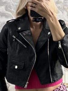 Eco Leather Cropped Jacket-713/Black