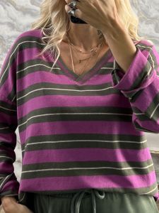 Striped Ve Cotton Top-25422/Magenta&Khaki