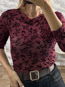 Ton-Velvet Texture Floral Top-37981/Burgundy