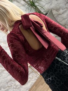 OpenBack Lace Bodysuit-38025/Burgundy