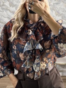Ste-Ruffled Floral Shirt-20407/Navy Blue
