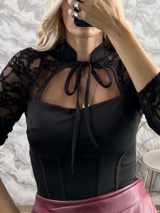 The-Lace & Caps Top-12426/Black