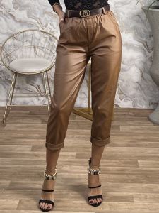 Lok-HighWaist Leather Belt Pants-76277/Camel