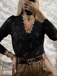Lace C-Through Bodysuit-3345/Black&Beige