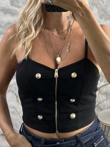 San-Crep Buttons Top-6471/Black