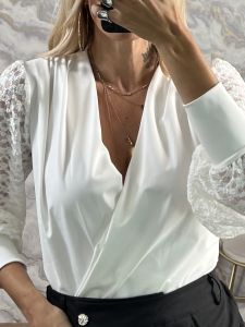 Ton-Lace Sleeves Bodysuit-3454/White