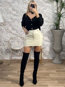 Elastic Leather Mini Skirt-241/Vanilla
