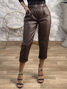Lok-HighWaist Leather Belt Pants-76277/Chocolat